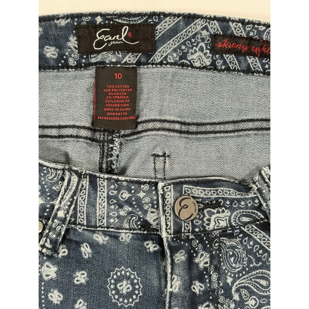 Earl Skinny Ankle‎ Womens Size 10 Blue Jeans Mid Rise Abstract Paisley Sz 31x27